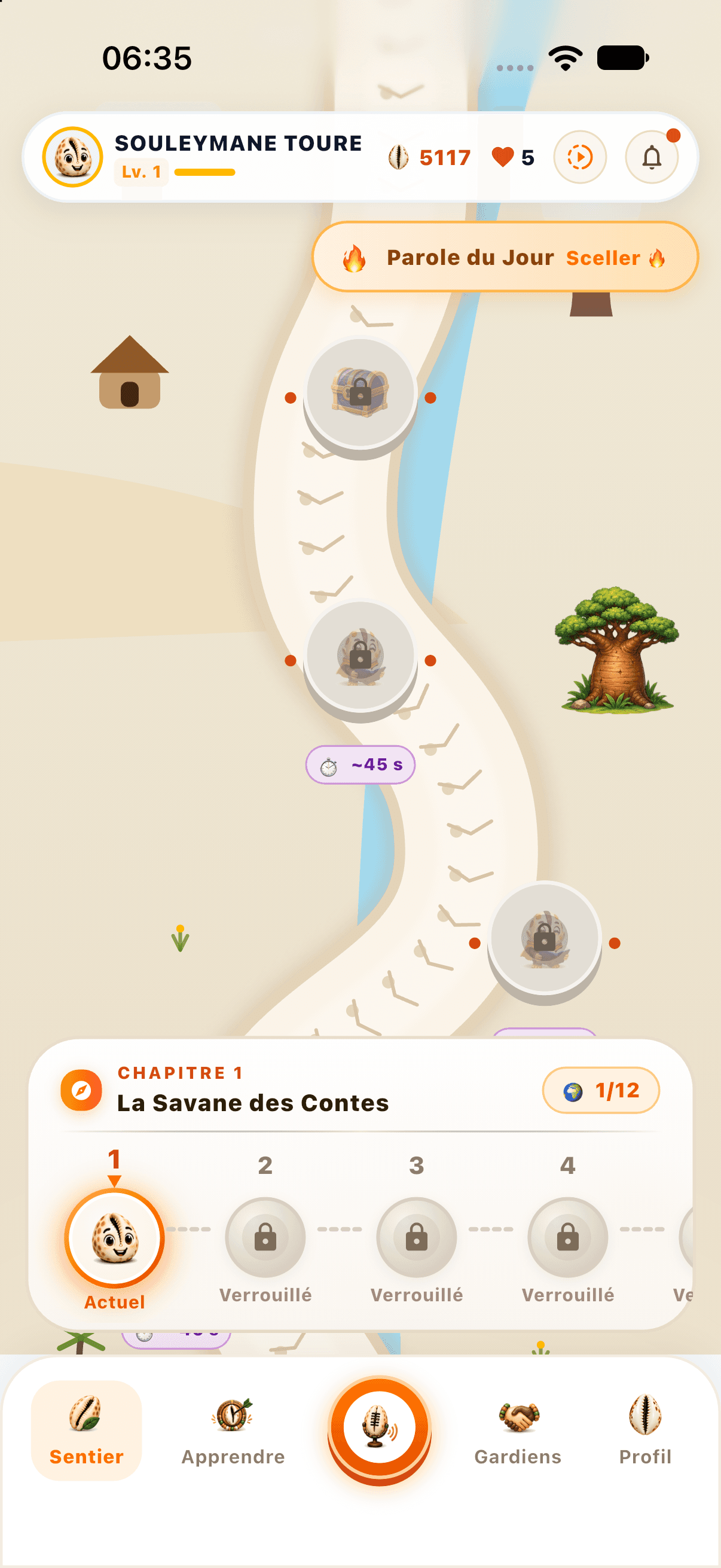 La Savane des Contes — Débloque les chapitres, gagne des Cauris d'or et scelle chaque parcours dans ton héritage.