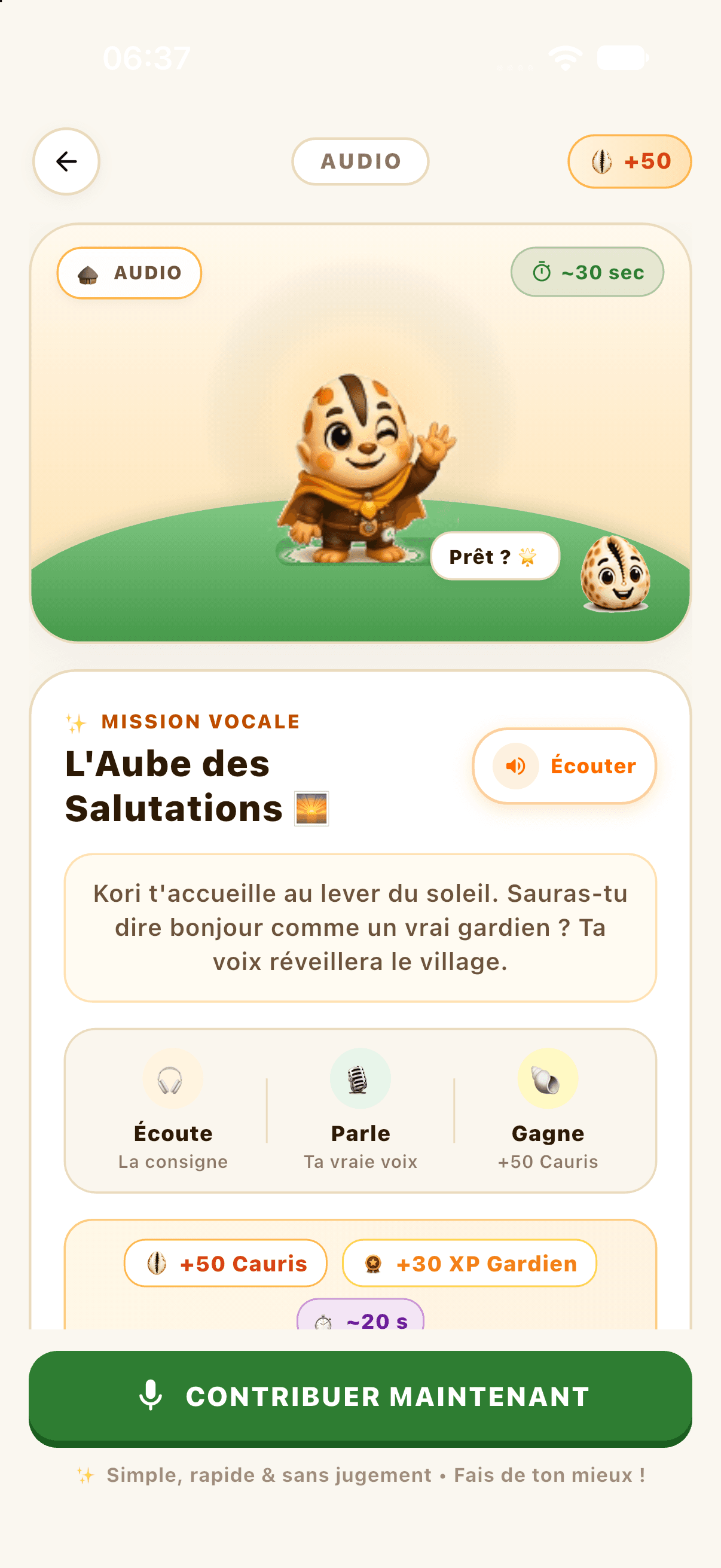 Missions vocales — Écoute Kori, prête ta vraie voix et gagne des Cauris en préservant une langue entière.